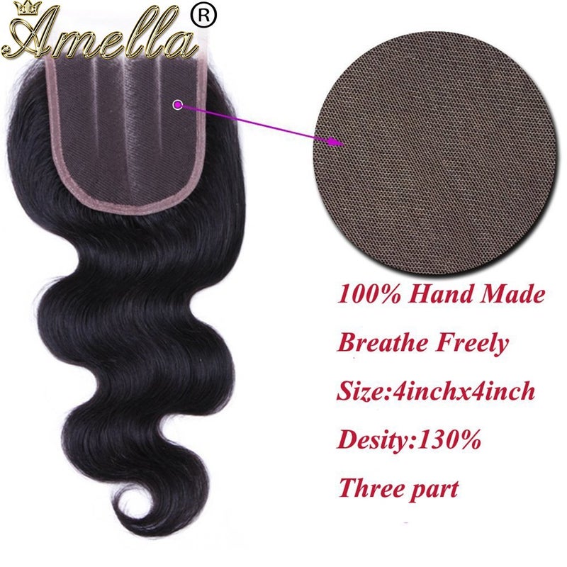 Amella Hair 8A Brazilian Body Wave with Lace Closure (12 14 16+10 Three part) 100% Unprocessed Virgin Brazilian Body Wave Human Hair Extensions with 4x4 Lace Closure Natural Color 315g in Total - Image 5